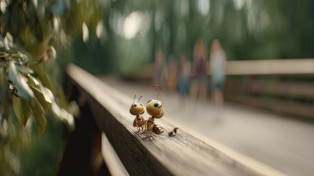 Highly detailed, shallow depth of field photograph focuses on two cartoon-like, golden-brown insect figures perched on a wooden bridge railing. The background is softly blurred, showing indistinct shapes of people walking in the distance under lush green foliage and dappled light, creating a sense of wonder and scale contrast between the tiny characters and the human world.の素材
