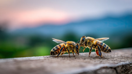 Photograph captures two honeybees situated on a rough wooden edge, appearing to touch antennae in interaction. The background features a heavily blurred expanse of green foliage and distant hills under a pastel sky suggesting twilight or dawn.の素材