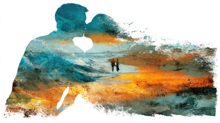 Graphic composition featuring the dark silhouette of two people leaning in for a kiss, where the internal space is filled with a textured, impressionistic depiction of a beach scene at either sunrise or sunset, characterized by strong orange and blue tones, with faint figures of another couple walking along the shore and small birds flying nearby, all dissolving into rough, painterly edges against a white background.の素材