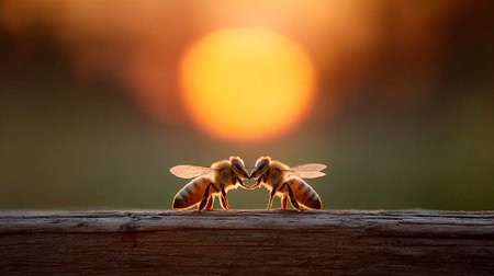 Two honeybees are positioned close together, their heads nearly touching, silhouetted against a brightly glowing, large, out-of-focus sun setting or rising in the background. They are resting on a dark, rough wooden plank or rail, creating a striking natural macro scene with warm, ethereal lighting.の素材