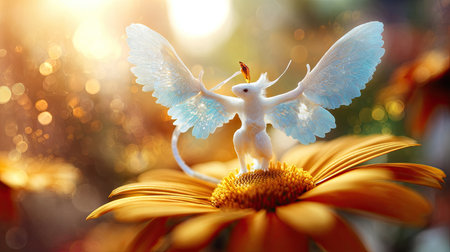 Tiny, white, anthropomorphic being with delicate, pale blue wings stands centrally on the textured center of a large, vivid yellow-orange flower. The background is filled with soft, out-of-focus warm light and circular bokeh effects, creating a magical and luminous atmosphere around the small figure and the bloom.の素材