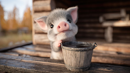 Highly detailed,  image features a very young, charming piglet with soft gray and white fur peering over the edge of a weathered wooden bucket filled with dark liquid. The setting appears to be rustic, possibly on a porch or near a wooden log structure, with soft, warm sunlight illuminating the scene and creating a blurred, autumnal background.の素材