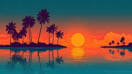 Stylized, low-fidelity digital illustration depicting multiple small, dark islands topped with dense silhouettes of palm trees situated across a body of water. A large, bright orange sun dominates the scene near the center right, casting intense orange and red hues across the sky and water, contrasting with a deep teal upper sky, with clear reflections visible on the water's surface.の素材
