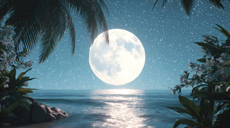 Luminous, oversized full moon dominates the center of a dark, tropical seascape at night, casting a bright, shimmering path across the gently rolling ocean waves toward the viewer. The scene is framed by lush, dark green palm fronds overhead and dense, flowering tropical plants on either side, with a sandy shore and rocks visible in the foreground beneath a deep blue, heavily star-filled sky.の素材