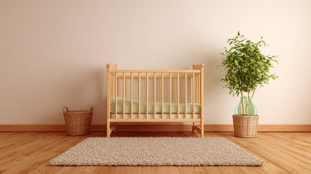 Serene and uncluttered indoor setting, likely a nursery, featuring a light-colored wooden baby crib placed centrally on a warm, polished wooden floor. To the left of the crib is a small woven basket, and to the right, a vibrant green leafy plant is displayed in a clear vase nestled within a larger woven basket. A thick, light beige shag rug covers part of the floor in front of the furniture. The background wall is a plain, soft neutral color with simple wooden baseboards running along the bottom.の素材