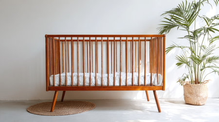 Stylish, mid-century modern inspired wooden baby crib with vertical slats is positioned centrally against a plain white wall. To the right of the crib sits a large potted tropical plant with vibrant green fronds housed in a woven basket planter. A small, round, woven jute rug is placed under the front legs of the crib on a light gray floor, with soft natural light casting shadows across the scene.の素材