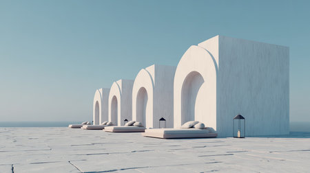 Contemporary, minimalist outdoor space constructed with rough, white, block-like structures featuring large, rounded arch openings, situated on a light-colored, expansive stone terrace overlooking a distant, calm sea under a clear, pale blue sky. Low-profile daybeds with soft cushions are placed within some of the niches, accompanied by modern, dark-framed lanterns on the stone floor, suggesting a tranquil, high-end retreat setting.の素材