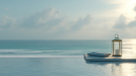 Low-angle perspective captures the edge of an infinity swimming pool merging visually with the distant ocean, featuring a small wooden platform holding a decorative glass lantern with an unlit candle and folded fabric items, set against a soft, hazy backdrop of the sea and sky during gentle light conditions.の素材
