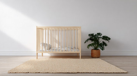Bright, minimalist interior scene featuring a light wood baby crib positioned on a textured beige rug, next to a large potted tropical plant in a woven basket, against a plain white wall receiving diagonal sunlight.の素材