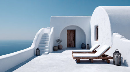 Bright, serene outdoor patio featuring whitewashed, curved architectural elements, perhaps of a typical island dwelling, overlooking an expansive blue sea horizon. Two wooden sun loungers with white cushions are positioned on the flat surface near decorative lanterns and potted plants beside a set of stairs leading upwards.の素材