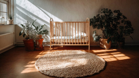 Sunlit interior scene depicting a sparsely decorated room, likely a nursery, centered around a light-colored wooden baby crib positioned against a textured white wall. Sunlight casts dramatic diagonal shadows across the floor and wall from an unseen window on the left, where a radiator is also visible. Large potted green plants flank the crib, adding a natural element to the space, and a circular woven rug rests on the dark wooden floor in the foreground.の素材