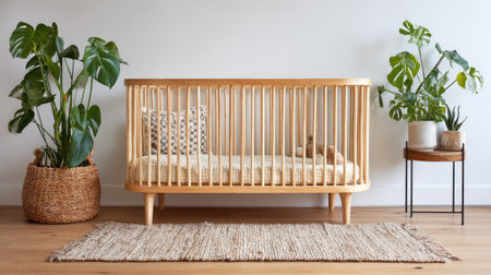 Bright, horizontally oriented interior photograph showcasing a light wood, rounded crib with vertical spindles, positioned centrally against a plain white wall. Lush green monstera plants in woven and ceramic pots flank the crib, with a small side table holding additional potted greenery to the right. A natural fiber rug lies on the wooden floor in front of the sleeping arrangement, contributing to a clean, organic, and peaceful nursery aesthetic.の素材