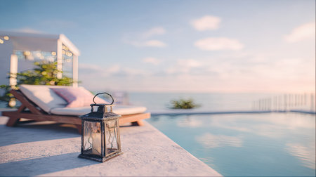Shallow depth of field photograph focuses on a dark, vintage-style lantern with a lit candle resting on a light-colored concrete surface next to the edge of a shimmering infinity swimming pool. In the blurred background, a wooden lounge chair with a white mattress and a soft pink accent pillow suggests a private, luxurious outdoor setting overlooking a vast, pale blue ocean under a soft, pastel-colored sky, possibly during late afternoon or early morning.の素材