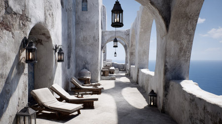 Sunlit, weathered stone balcony featuring rustic architectural elements like rounded arches and ancient-looking walls, furnished with several wooden lounge chairs topped with light cushions, while several dark metal lanterns hang or rest on the ground, all offering a breathtaking, expansive view over deep blue water meeting the horizon under a clear sky.の素材