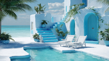 Picturesque scene depicting a pristine, whitewashed dwelling with vibrant blue trim on the exterior walls, stairs, and doors, situated immediately next to a swimming pool and leading directly onto a sandy beach with clear, turquoise ocean water visible in the background under a partly cloudy sky; two white lounge chairs rest on the patio beside the pool, shaded partly by the fronds of a nearby palm tree, enhancing the luxurious, warm-weather atmosphere.の素材