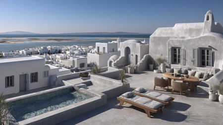 Elevated outdoor living space featuring modern, comfortable furniture including sun loungers and a dining set, constructed with traditional whitewashed, organically shaped buildings typical of island architecture, overlooking a dense cluster of similar white structures and a broad expanse of calm blue water stretching towards a distant horizon under a bright, clear sky.の素材