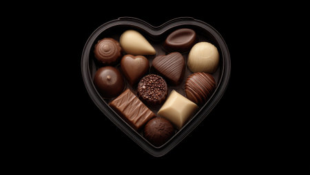 An assortment of delectable chocolates fills a heart-shaped box.の素材