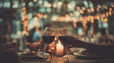 , dimly lit scene captures two hands holding stemmed glasses filled with red wine, gently touching in a toast above a wooden table. A soft candle flame provides central illumination, while numerous warm, out-of-focus string lights create a shimmering, atmospheric background for this intimate dining moment. Plates with food are visible in the foreground.の素材
