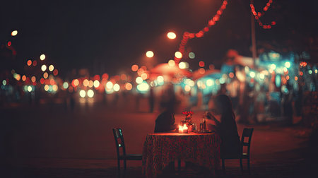 Two indistinct figures are seated across from each other at a small, round table covered with a patterned cloth, illuminated by the soft glow of candles placed between them, suggesting a romantic outdoor meal. The background is a heavily blurred scene of a busy nighttime setting, characterized by numerous out-of-focus circles of light in warm reds, oranges, and cool blues, possibly indicating streetlights and market stalls, creating a deep sense of depth and moody ambiance.の素材