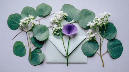 Overhead flat lay composition showcasing an open, pale green envelope surrounded by sprigs of eucalyptus leaves and small clusters of white baby's breath flowers, accented by one distinct, vibrant purple flower stem centered over the opening of the paper item.の素材