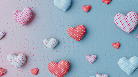 Flat lay composition featuring a collection of stylized, three-dimensional hearts made from patterned fabric, scattered randomly over a subtly dimpled surface that shifts from pale pink on the left to light blue on the right. The hearts are predominantly red, pink, and light blue, all featuring a small white polka dot motif.の素材
