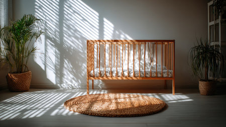 Minimalist nursery interior scene featuring a natural wood baby crib centered in the frame, with sunlight streaming through window blinds, casting strong striped shadow patterns across the light-colored floor and white wall. Two potted green plants in woven baskets flank the crib, and a round, woven jute rug lies on the floor in front of the furniture.の素材
