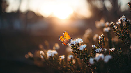 , shallow depth of field photograph capturing a small, bright orange butterfly perched on tiny white flowers growing on a dark green shrub. The background features a strong, warm lens flare or sunset, creating a soft, blurred bokeh effect that emphasizes the subject with rim lighting.の素材