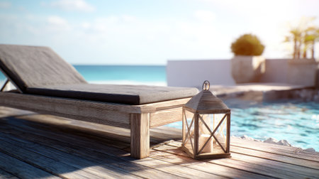 View captures a weathered wooden sun lounger with a dark cushion resting on a wooden deck beside a pool or water edge. A decorative wooden lantern with a lit candle inside sits close to the foreground, while the bright blue ocean and horizon are visible in the soft-focus background under clear daylight.の素材