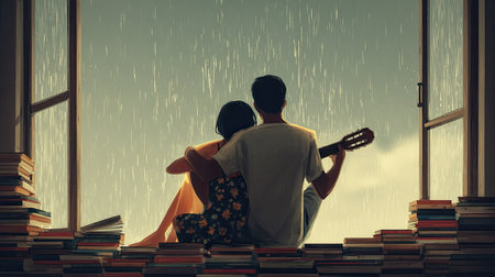 Man and woman sit close together on a wide windowsill, surrounded by tall stacks of books, as the man plays a guitar. They look out the open window where heavy rain is falling outside against a bright sky, suggesting a moment of shared intimacy and musical enjoyment despite the weather.の素材