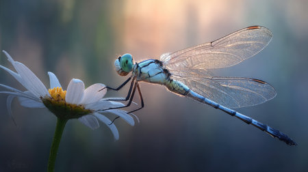 Exquisitely detailed, backlit macro photograph showing a pale blue and light green dragonfly gently resting its legs on the white petals of a daisy-like flower, set against a softly blurred background featuring warm, ethereal light tones blending into cool blues and grays.の素材