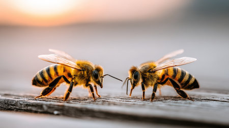 Very  photograph captures two fuzzy honey insects with distinct black and yellow stripes standing opposite each other on a weathered wooden plank. The lighting suggests either sunrise or sunset, casting a soft, warm glow on the scene, with the background softly blurred into gentle tones.の素材