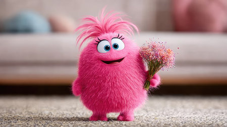 Computer-generated, three-dimensional rendering of a small, round, intensely pink, extremely fuzzy being with large, expressive blue eyes and an upward-curving smile, standing indoors on a textured, light-colored carpet, clutching a small bunch of dried or delicate pink and purple flowers in one hand. The background is softly blurred, suggesting a domestic setting with neutral-toned furniture shapes.の素材