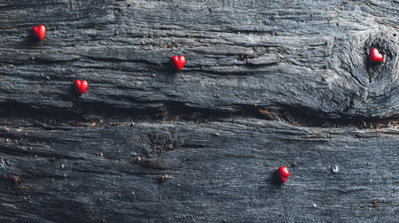 Several small, glossy, vibrant red heart-shaped objects are sparsely distributed across a wide, dark gray, deeply grooved and weathered wooden plank viewed from directly above, creating a high-contrast, rustic romantic scene suitable for backgrounds.の素材