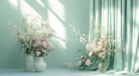 Photograph of a backdrop for photography, featuring flowers in vases on the floor, large green curtains on one side, a light mint-colored wall, and pastel colors, creating a delicate and airy, minimalistic atmosphere. --ar 78:43 --v 6.1 Job ID: f34f477f-9f4f-4bd9-bf3b-de7b2275b47dの素材