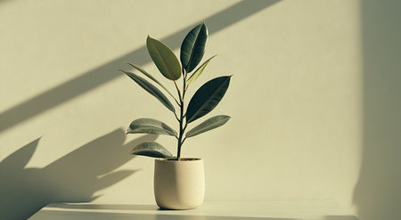 Minimalist plain white background for product photography with just one object as the highlight: a rubber plant in a vase on a table, with soft shadows and no visible textural details in the wall. The well-lit scene is designed to showcase the product. --ar 78:43 --v 6.1 Job ID: 6e36e710-ef82-40ec-a9cf-99e6e431f02cの素材