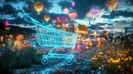 Glowing shopping cart is situated amongst a landscape of colorful flowers, with floating packages in a futuristic, digital style. The scene is lit by vibrant neon lights and colorful clouds.の素材