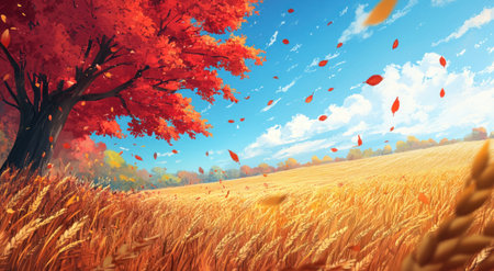 A picturesque autumn landscape with vibrant red trees, colorful leaves falling from the branches, and golden wheat fields under clear blue skies. The scene is captured in the style of an anime, featuring soft lighting that enhances the warm tones of fall. --ar 95:52 --v 6.1 Job ID: 504935e1-0e9c-4eaf-bbbc-3992722f5692の素材