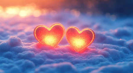 Two glowing hearts in the snow, with an enchanting winter landscape and a soft sunset background. The scene is captured from above in the style of Pixar's vibrant animation style, creating a magical atmosphere for Valentine's Day cards or romantic murals. --ar 95:52 --v 6.1 Job ID: 2fafeea5-55c7-45e3-bd57-a0a83d6d41bcの素材