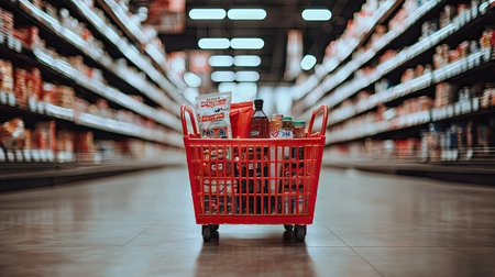 Red shopping cart, filled with various food items, sits in the middle of a supermarket aisle.  The aisle displays numerous shelves stocked with different products, blurred in the background to create depth of field.の素材