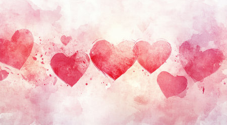 Watercolor illustration of Valentine's Day hearts, soft pastel colors, dreamy atmosphere, pink and red hues, in the style of digital art, high resolution, no background noise, suitable for a romantic card or banner design, watercolor texture, blurred edges for an artistic touch, subtle details like a paper grain effect and watercolor drips, giving it the appearance of hand-painted watercolors. --ar 95:52 --v 6.1 Job ID: db62db99-c41f-488f-b347-32434079639fの素材