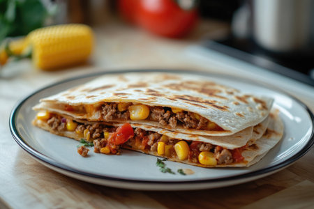 Photo of a quesadilla with chicken, ground beef, and corn on a plate against a kitchen background. Food photography, delicious. --ar 3:2 --v 6.1 Job ID: 69916221-84d8-4070-85eb-e83f67fb481aの素材