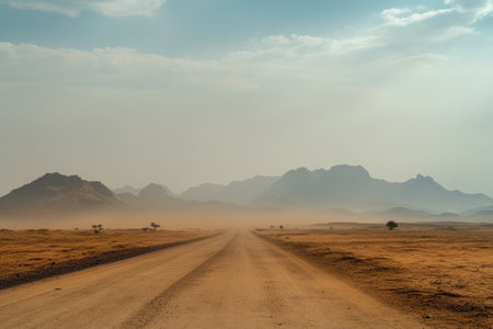 Photo of the vast and empty desert in Ethiopia, with mountains far in the distance, a dusty sky, and some scattered trees. The road leading into the distance is visible. --ar 3:2 --v 6.1 Job ID: 8e5a2622-fc7c-44f5-b289-38c7e28b11c0の素材