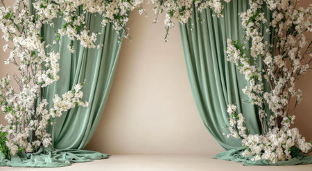 Photo Backdrop for cake smash, blank wall with green curtains on each side of the wall and white floral decorations on both sides of the drapes, light beige floor, vintage style. --ar 78:43 --v 6.1 Job ID: 6a4e6261-fa6c-4fbc-b9eb-7dd0eca0247fの素材