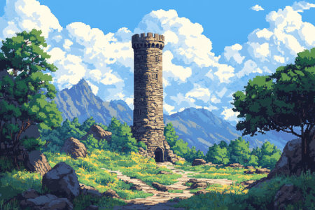 Pixel art of an old wizard's tower in the middle distance, surrounded by greenery and a blue sky with clouds, in the style of pixel art. --ar 3:2 --v 6.1 Job ID: b430c817-d890-4e0a-a008-728b96667d0fの素材