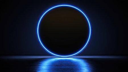 Circular neon blue light against a dark background, with a reflective surface below.  The image is a clean, modern design, suitable for product presentation or as an abstract graphic.の素材