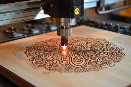 Laser engraving machine with laser in action, creating intricate designs on wood and metal materials. --chaos 30 --ar 3:2 --quality 2 --stylize 250 --v 6.1 Job ID: 2cdfb899-7c67-4bcd-937e-72e8d4f781e0の素材