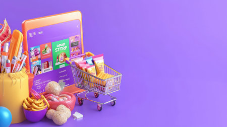 3D rendering of a colorful shopping scene.  A miniature shopping cart filled with various food items sits next to a tablet displaying an online grocery store.  The scene is set against a vibrant purple backdrop, emphasizing the bright colors and details of the food items and digital tablet.の素材