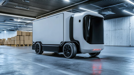 Futuristic delivery vehicle navigates a modern, industrial warehouse setting, amongst cardboard boxes on pallets. The vehicle is clean-lined and sleek,  with a minimalist design.  The interior of the warehouse is spacious and well-lit.の素材