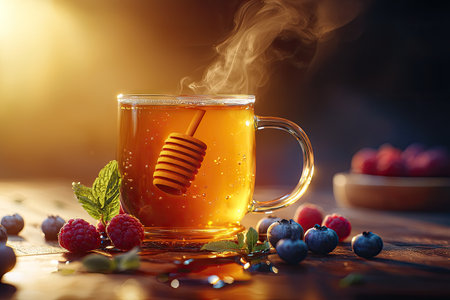 A glass cup of herbal tea with honey and berries on the side, steam rising from it, against a dark background. The composition is centered around the mug, highlighting its color and texture, with fresh mint leaves scattered nearby for added detail. There's an empty wooden table in front that contains more blueberries and raspberries, adding to the natural feel of the scene. This photo captures the warmth and healthiness associated with hot herbal drinks or infusions --chaos 30 --ar 3:2 --quality 2 --stylize 250 --v 6.1 Job ID: 831e7039-0125-4489-aa1b-0330c26828faの素材