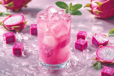 A glass of fresh water with ice cubes, pink dragon fruit juice splashing around the glass and surrounded by square-cut pieces of magenta-colored skin of dragon fruits on a light purple background. A mint leaf is placed in it, adding to its vibrant color. The photo was taken from an angle that showcases the entire scene. --chaos 30 --ar 3:2 --quality 2 --stylize 250 --v 6.1 Job ID: d5b1036b-9b77-4c8a-af66-9c504ec717a1の素材